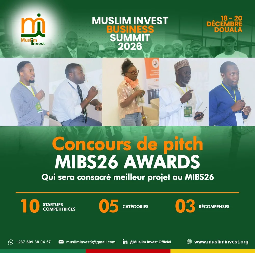Affiche du concours de pitch MIBS26 Awards : 10 startups compétitrices, 5 catégories et 3 récompenses, du 18 au 20 décembre à Douala.