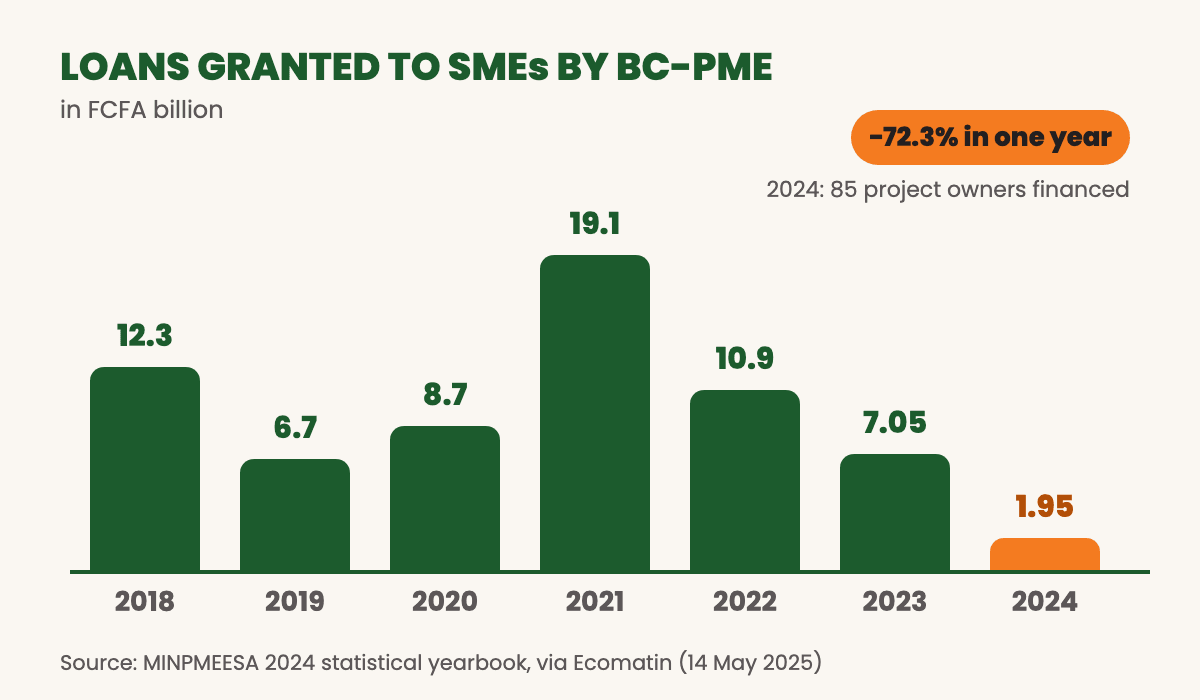Loans granted to SMEs by BC-PME, in FCFA billion: 12.3 in 2018, 6.7 in 2019, 8.7 in 2020, 19.1 in 2021, 10.9 in 2022, 7.05 in 2023, 1.95 in 2024