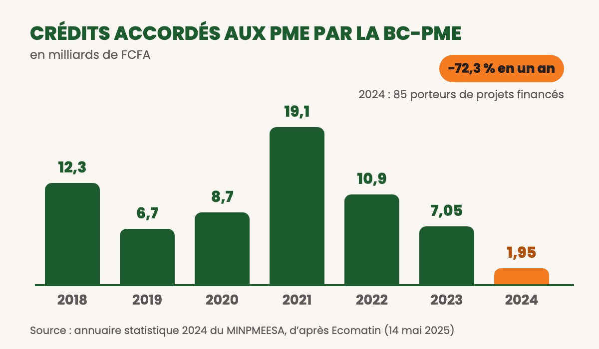 Crédits accordés aux PME par la BC-PME, en milliards de FCFA : 12,3 en 2018, 6,7 en 2019, 8,7 en 2020, 19,1 en 2021, 10,9 en 2022, 7,05 en 2023, 1,95 en 2024