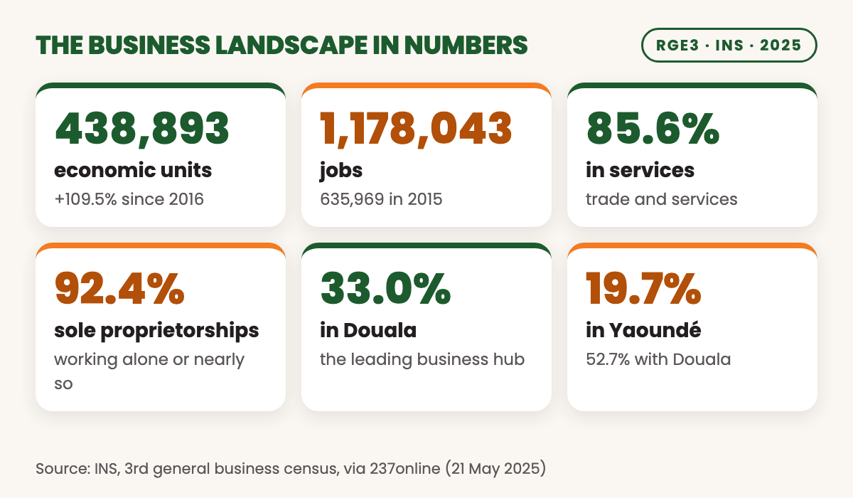 RGE3 key figures: 438,893 economic units, 1,178,043 jobs, 85.6% services, 92.4% sole proprietorships, Douala 33.0%, Yaoundé 19.7%