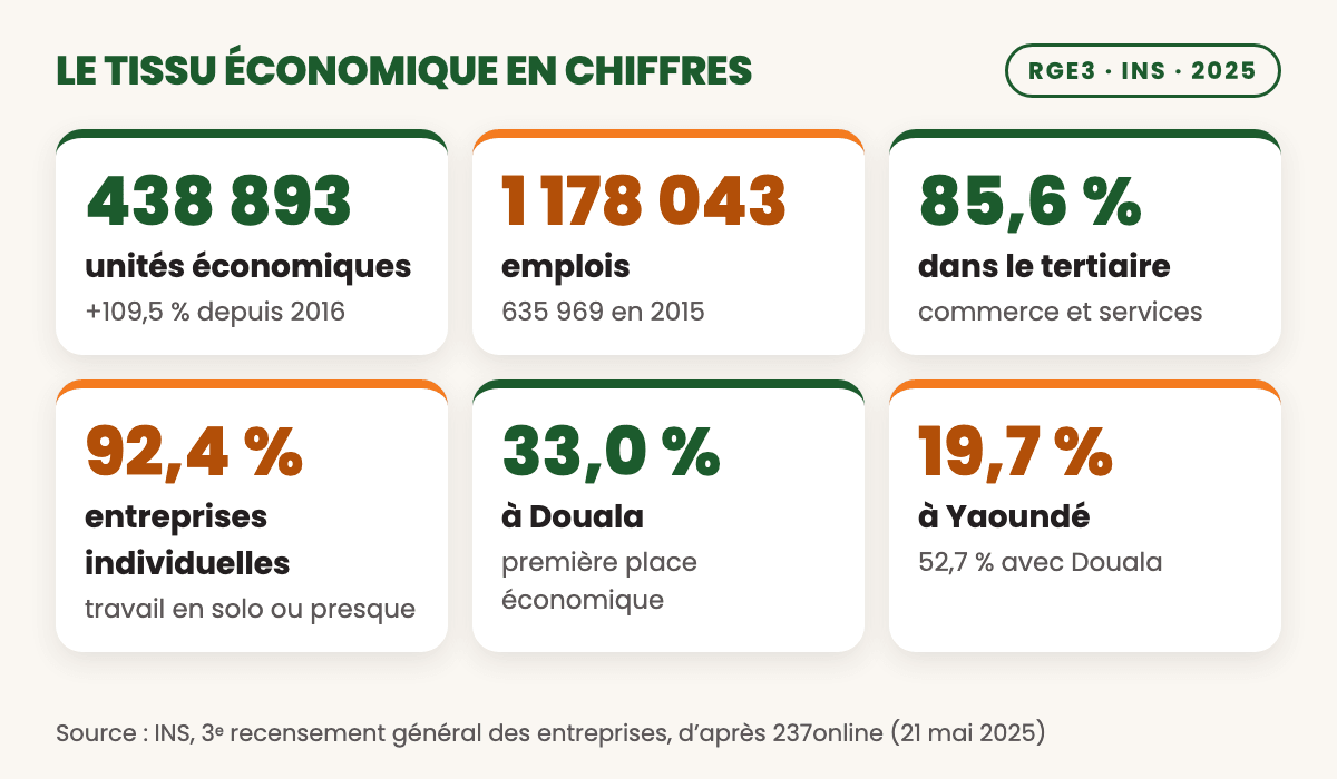 Chiffres clés du RGE3 : 438 893 unités économiques, 1 178 043 emplois, 85,6 % de tertiaire, 92,4 % d'entreprises individuelles, Douala 33,0 %, Yaoundé 19,7 %